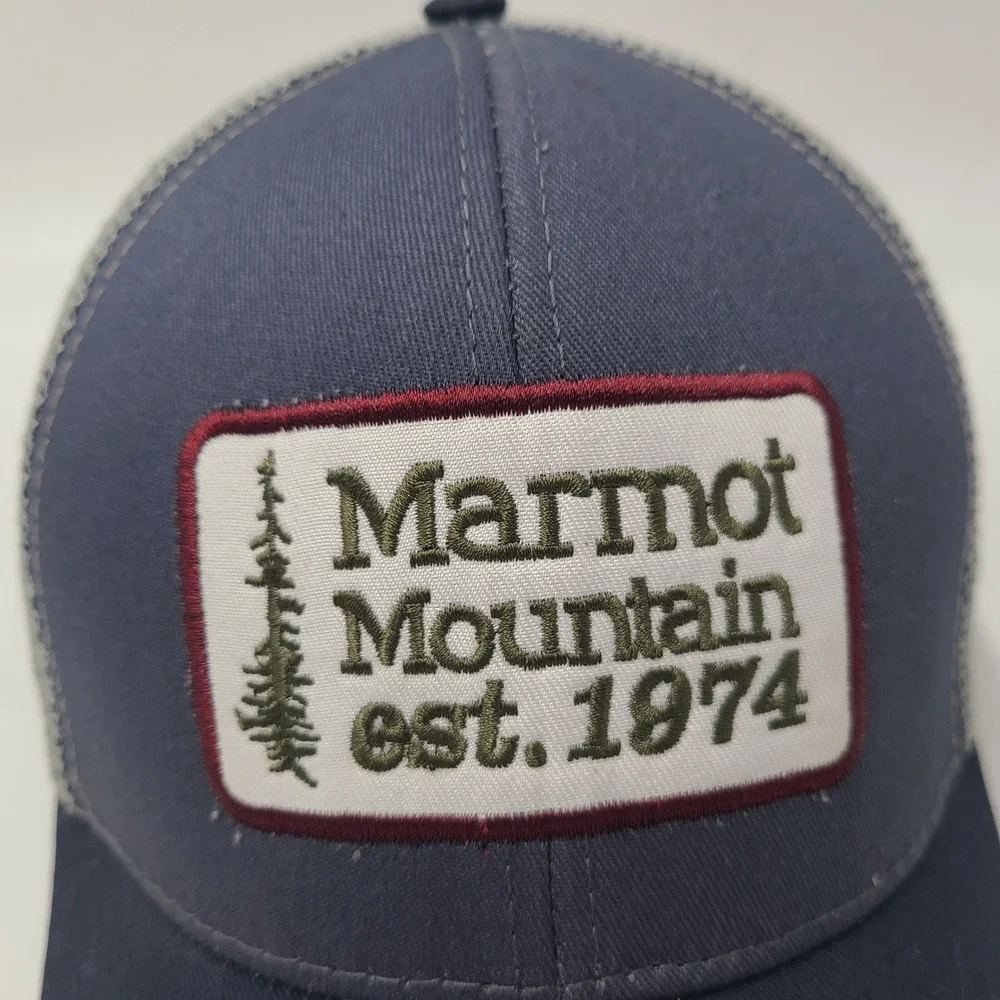 Marmot Moutain Hat Snapback Trucker Mesh Blue Gray Est 1974 Patch Hiking Men